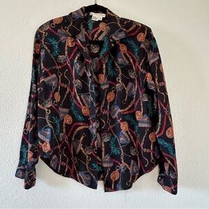 Johnathan Martin 100% Silk Vintage Black Multicolor Graphics Button up Size S